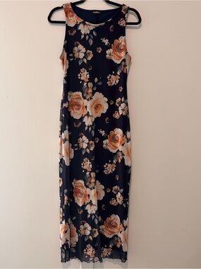 Bebe Floral Midi Dress Medium Navy Blue Sleeveless Sheer Overlay Stretch